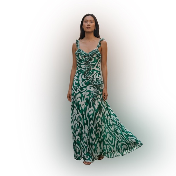Alex Marie Dresses & Skirts - Alex Marie Lima Ruffle Elegant Green Ikat Patterned Maxi Dress Size 4